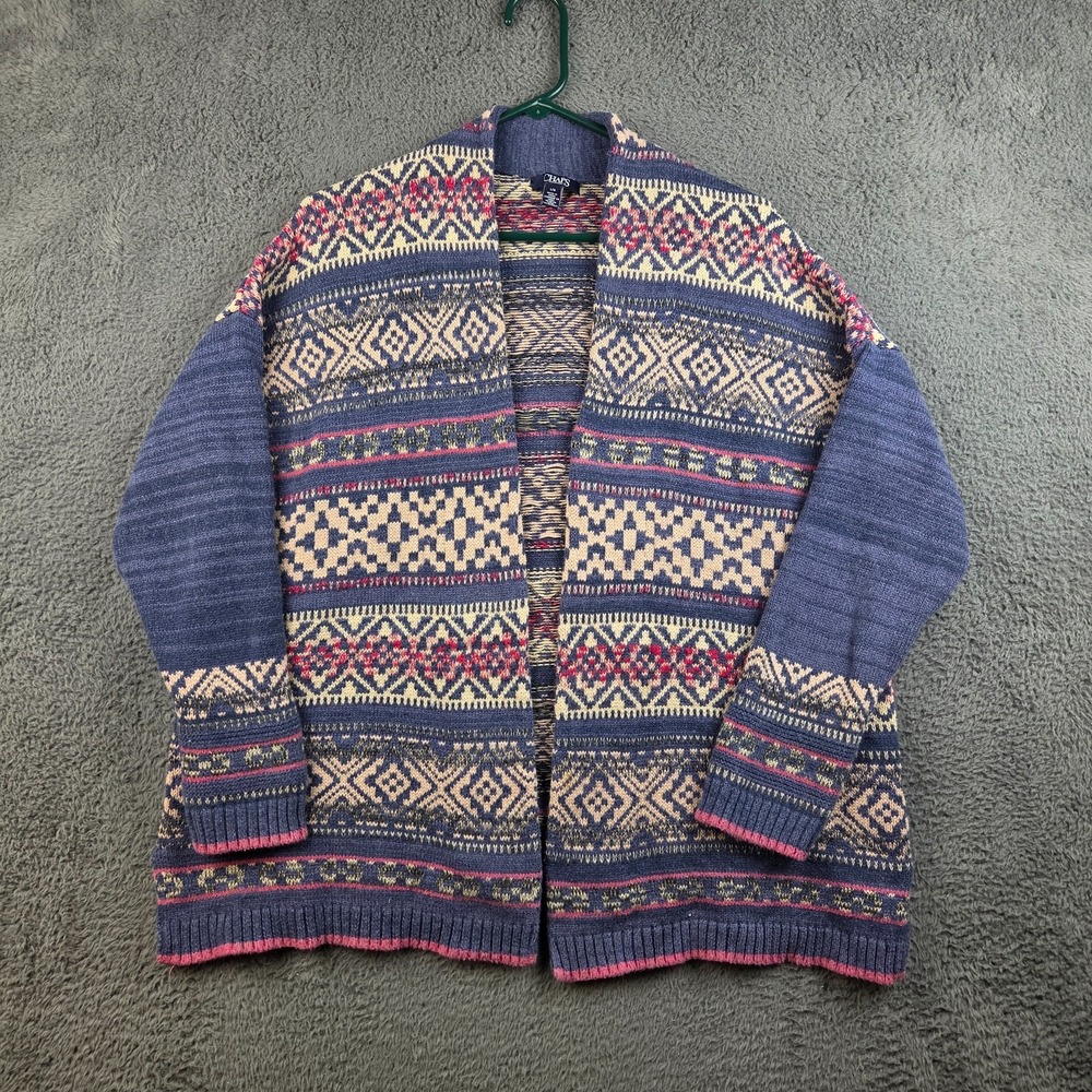 Chaps Cardigan Sweater Women's Large Blue Fair Isle Open Front Cotton Blend